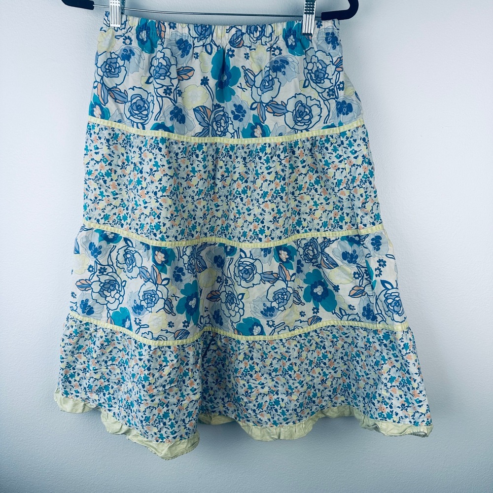 Hanna Andersson Floral Tiered Midi Skirt Blue Yellow Cotton S